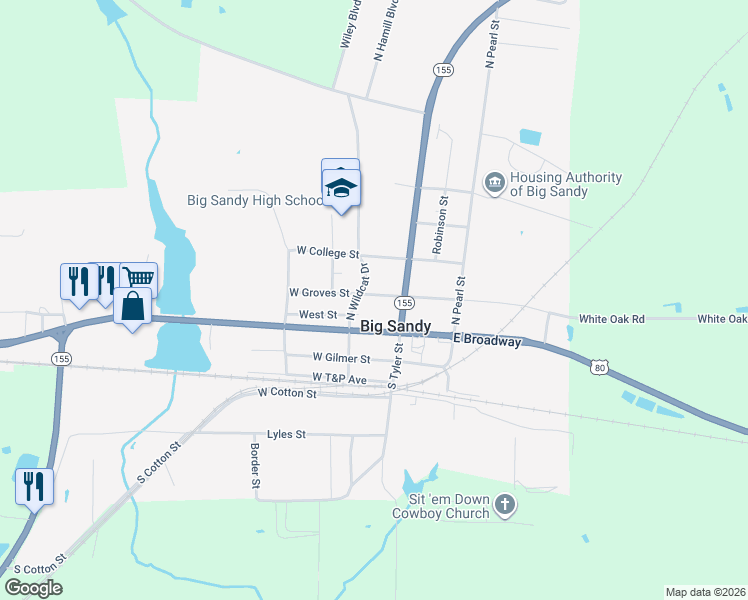 map of restaurants, bars, coffee shops, grocery stores, and more near 101-113 North Wildcat Drive in Big Sandy