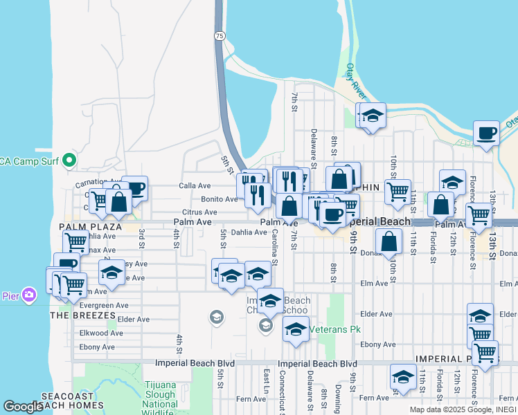 map of restaurants, bars, coffee shops, grocery stores, and more near 650 Palm Avenue in San Diego