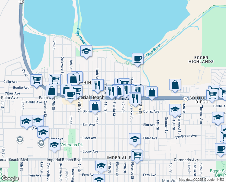 map of restaurants, bars, coffee shops, grocery stores, and more near 656 Florida Street in Imperial Beach