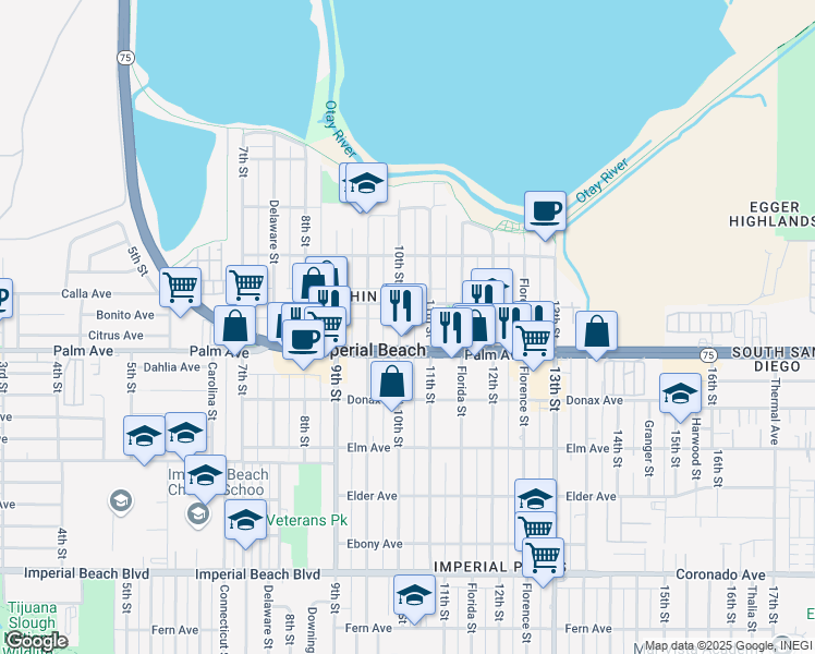 map of restaurants, bars, coffee shops, grocery stores, and more near 656 11th Street in Imperial Beach