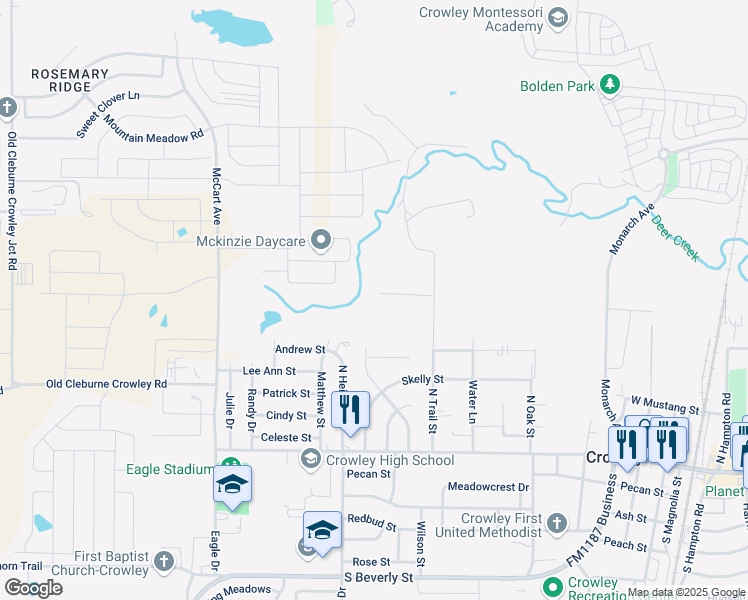 map of restaurants, bars, coffee shops, grocery stores, and more near 821 Roundtree Lane in Crowley