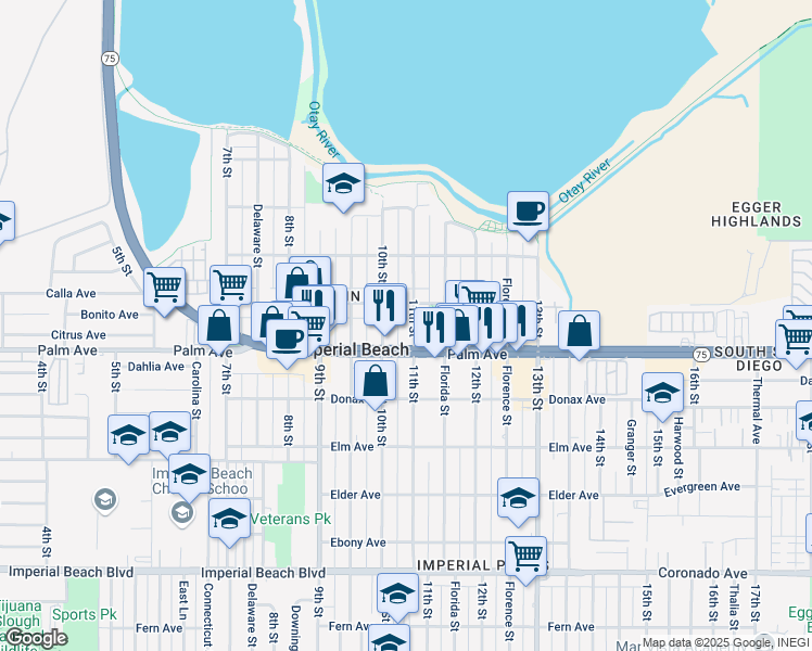 map of restaurants, bars, coffee shops, grocery stores, and more near 636 11th Street in Imperial Beach