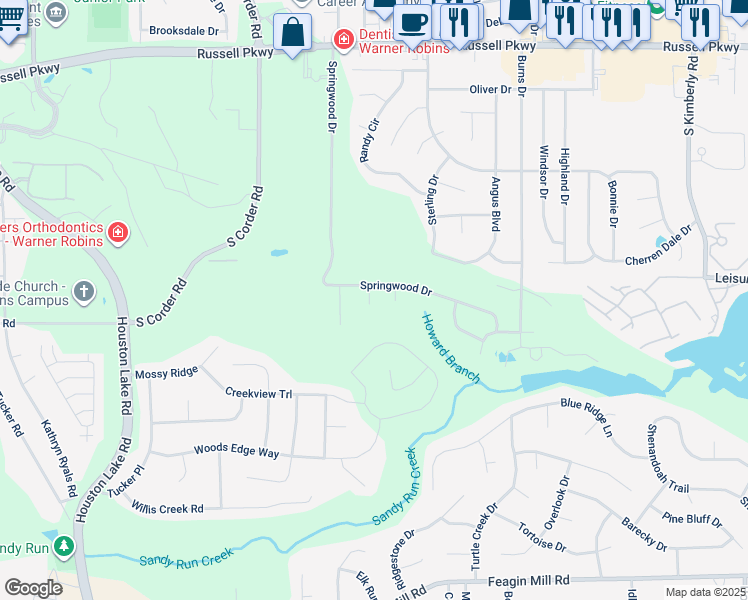 map of restaurants, bars, coffee shops, grocery stores, and more near 102 Greenleaf Court in Warner Robins
