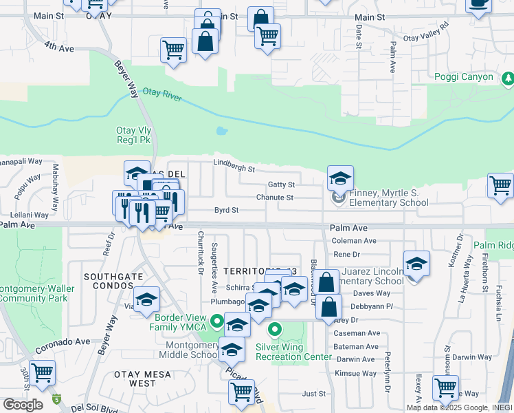 map of restaurants, bars, coffee shops, grocery stores, and more near 3672 Byrd Street in San Diego