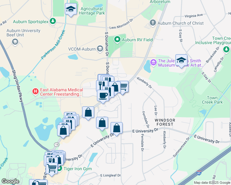 map of restaurants, bars, coffee shops, grocery stores, and more near 1114 South College Street in Auburn