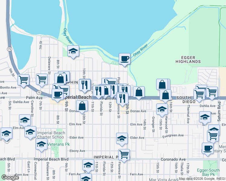 map of restaurants, bars, coffee shops, grocery stores, and more near 647 12th Street in Imperial Beach