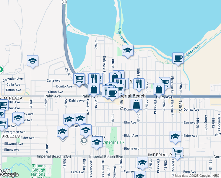 map of restaurants, bars, coffee shops, grocery stores, and more near in Imperial Beach