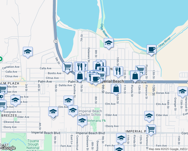 map of restaurants, bars, coffee shops, grocery stores, and more near 800 California 75 in Imperial Beach