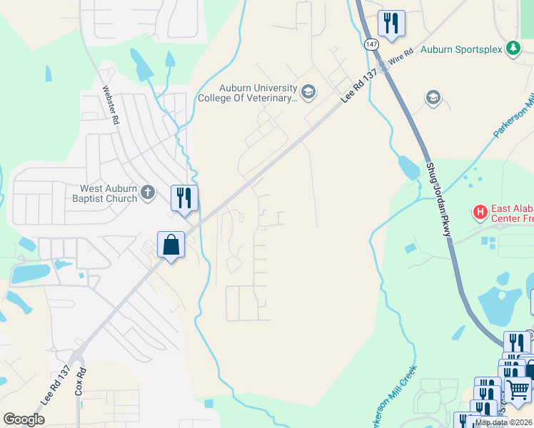 map of restaurants, bars, coffee shops, grocery stores, and more near 100 Stonegate Drive in Auburn