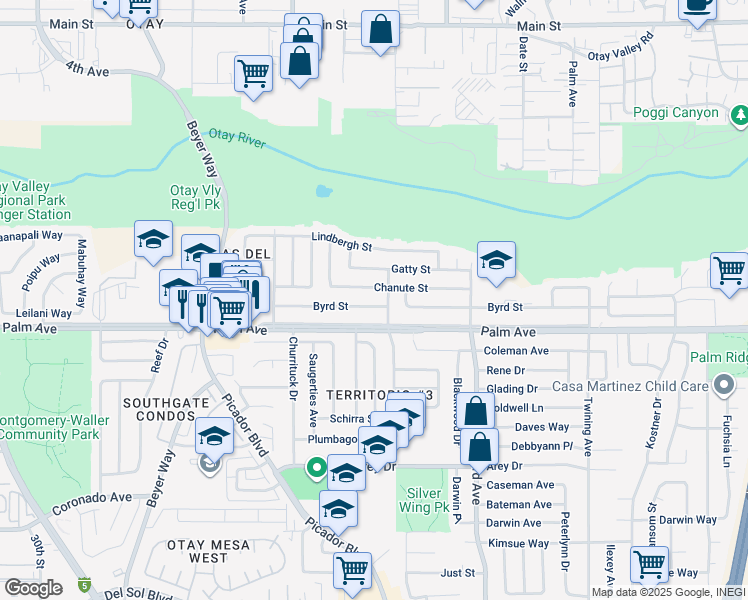 map of restaurants, bars, coffee shops, grocery stores, and more near 3672 Byrd Street in San Diego