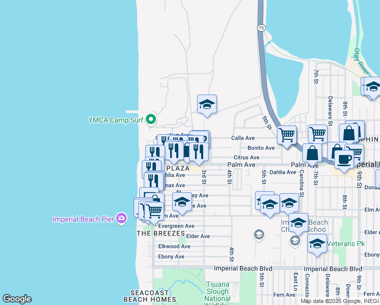 map of restaurants, bars, coffee shops, grocery stores, and more near 240 Citrus Avenue in Imperial Beach