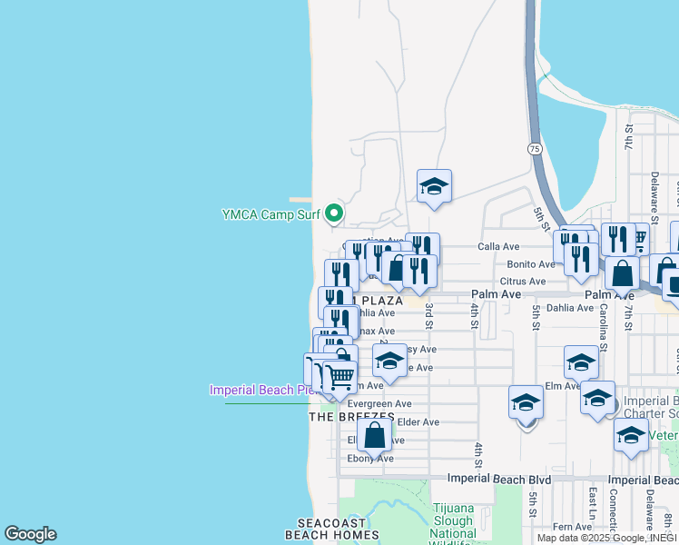 map of restaurants, bars, coffee shops, grocery stores, and more near 674 Seacoast Drive in Imperial Beach