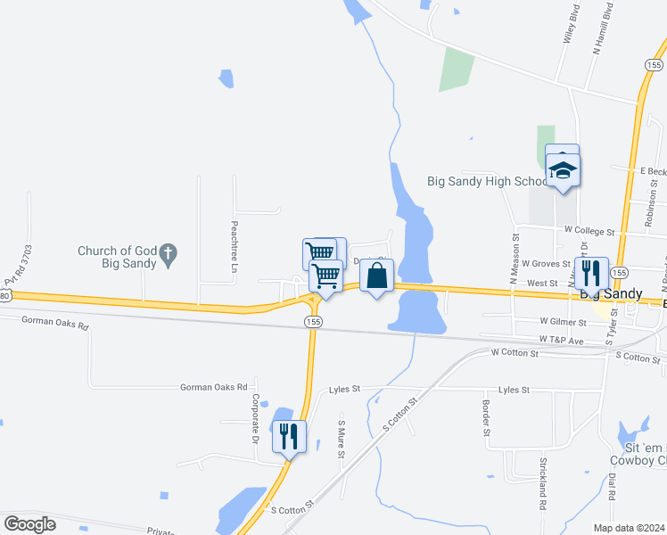 map of restaurants, bars, coffee shops, grocery stores, and more near 708 West Broadway in Big Sandy
