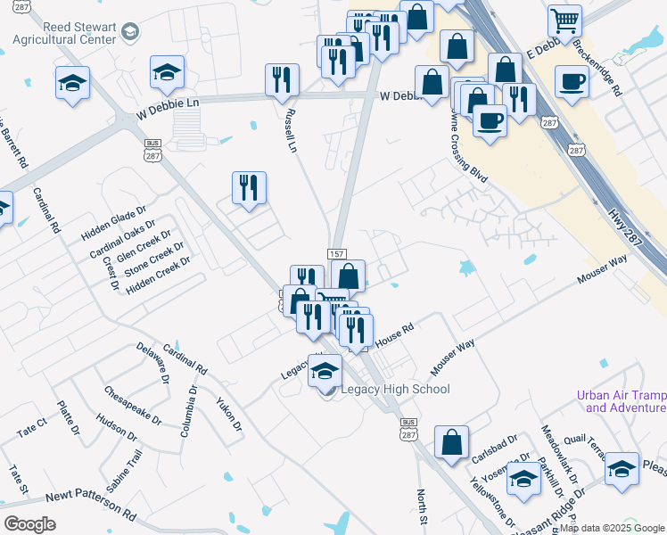 map of restaurants, bars, coffee shops, grocery stores, and more near 1506 Farm to Market 157 in Mansfield