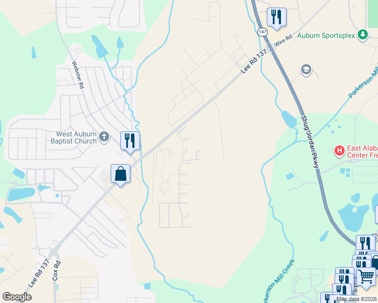 map of restaurants, bars, coffee shops, grocery stores, and more near 100 Stonegate Drive in Auburn