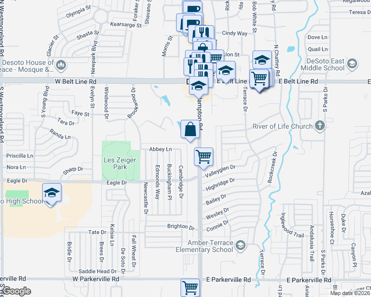 map of restaurants, bars, coffee shops, grocery stores, and more near 335 South Hampton Road in DeSoto