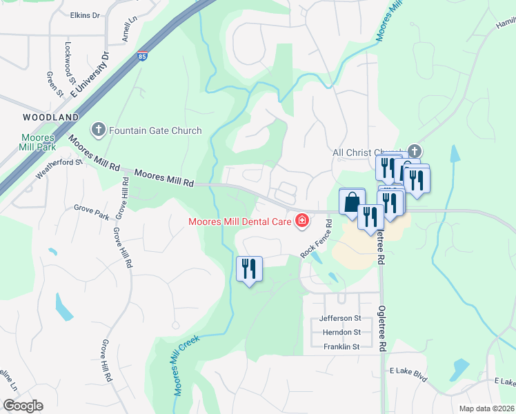 map of restaurants, bars, coffee shops, grocery stores, and more near 2138 Moores Mill Road in Auburn