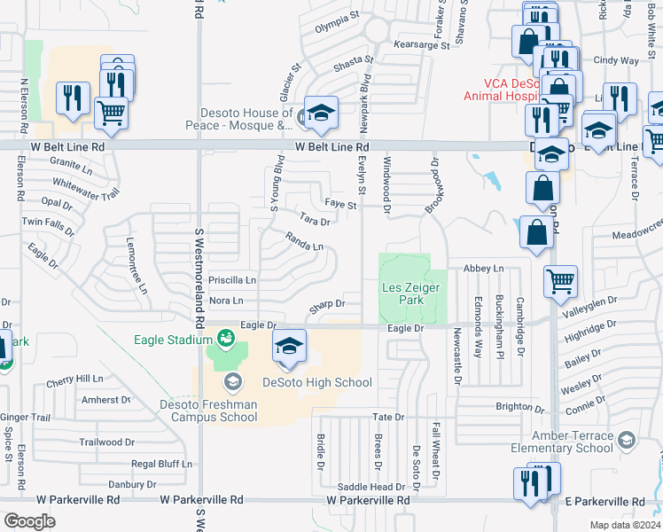 map of restaurants, bars, coffee shops, grocery stores, and more near 515 Nora Lane in DeSoto