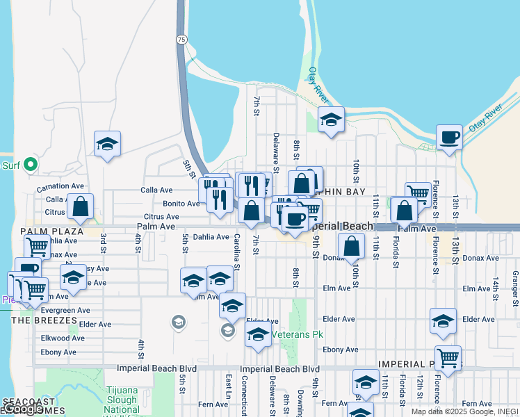 map of restaurants, bars, coffee shops, grocery stores, and more near in Imperial Beach