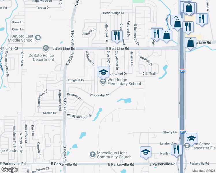 map of restaurants, bars, coffee shops, grocery stores, and more near 1001 Woodridge Drive in DeSoto