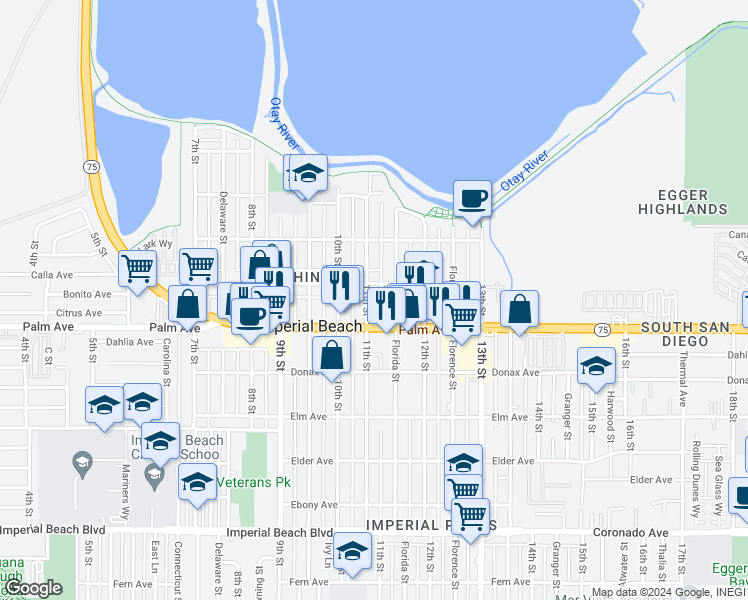 map of restaurants, bars, coffee shops, grocery stores, and more near 656 11th Street in Imperial Beach