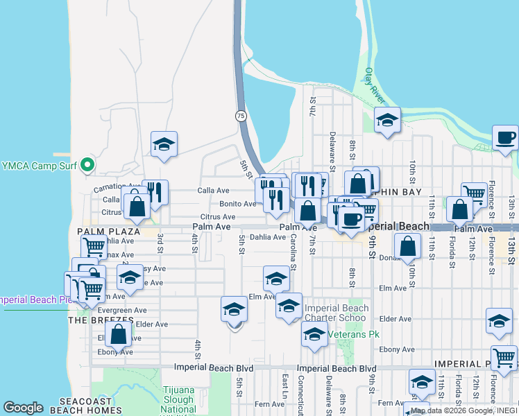 map of restaurants, bars, coffee shops, grocery stores, and more near 566 Citrus Avenue in Imperial Beach