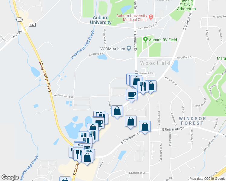 map of restaurants, bars, coffee shops, grocery stores, and more near 521 Devall Dr in Auburn