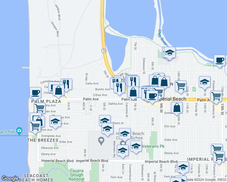 map of restaurants, bars, coffee shops, grocery stores, and more near 589 Bonito Avenue in Imperial Beach