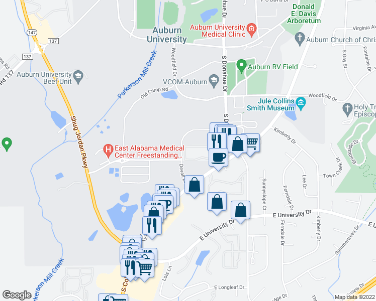 map of restaurants, bars, coffee shops, grocery stores, and more near 521 Devall Dr in Auburn