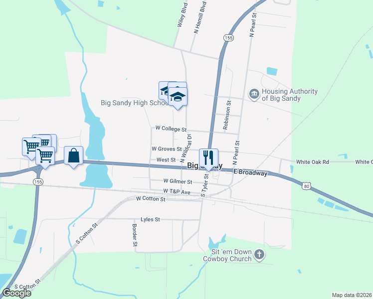 map of restaurants, bars, coffee shops, grocery stores, and more near 101 North Wildcat Drive in Big Sandy