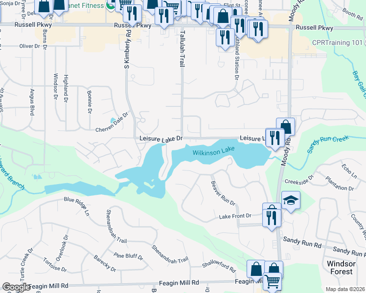 map of restaurants, bars, coffee shops, grocery stores, and more near 501 Leisure Lake Drive in Warner Robins