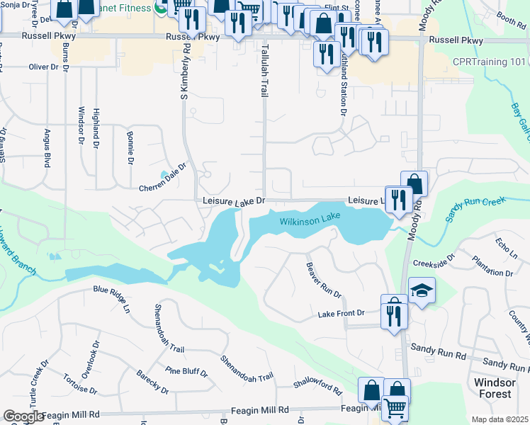 map of restaurants, bars, coffee shops, grocery stores, and more near 501 Leisure Lake Drive in Warner Robins