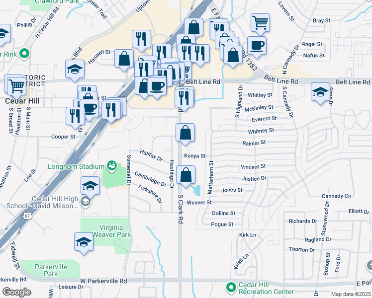 map of restaurants, bars, coffee shops, grocery stores, and more near 320 South Clark Road in Cedar Hill