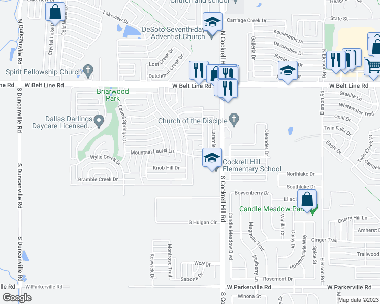 map of restaurants, bars, coffee shops, grocery stores, and more near 322 Buffalo Creek Drive in DeSoto