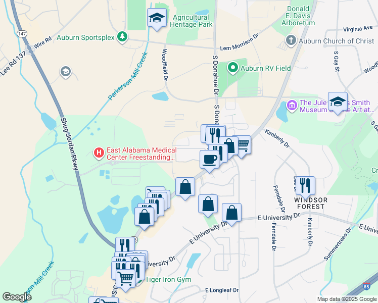 map of restaurants, bars, coffee shops, grocery stores, and more near 1114 South College Street in Auburn