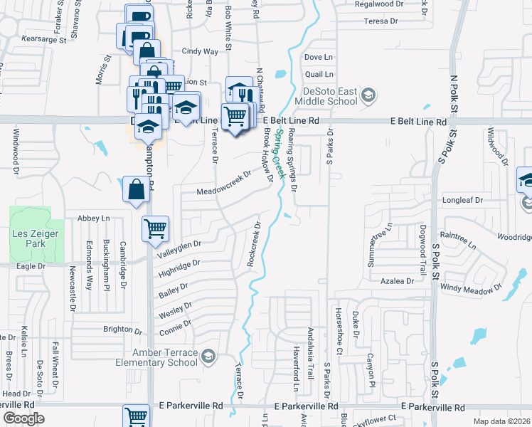 map of restaurants, bars, coffee shops, grocery stores, and more near 500 Rockcreek Drive in DeSoto