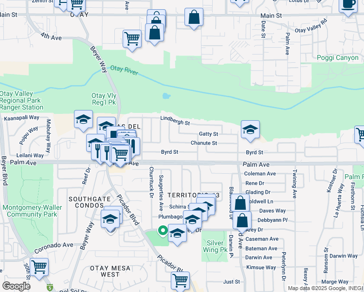 map of restaurants, bars, coffee shops, grocery stores, and more near 3635 Byrd Street in San Diego