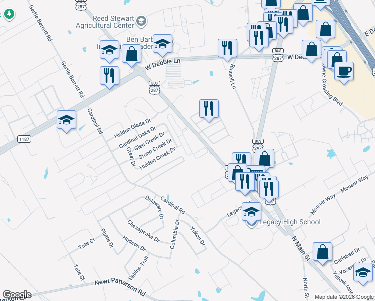 map of restaurants, bars, coffee shops, grocery stores, and more near 63 Thousand Oaks Drive in Mansfield