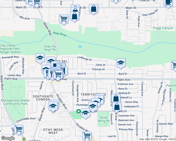 map of restaurants, bars, coffee shops, grocery stores, and more near 3635 Byrd Street in San Diego