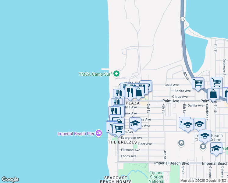 map of restaurants, bars, coffee shops, grocery stores, and more near 642 Ocean Lane in Imperial Beach
