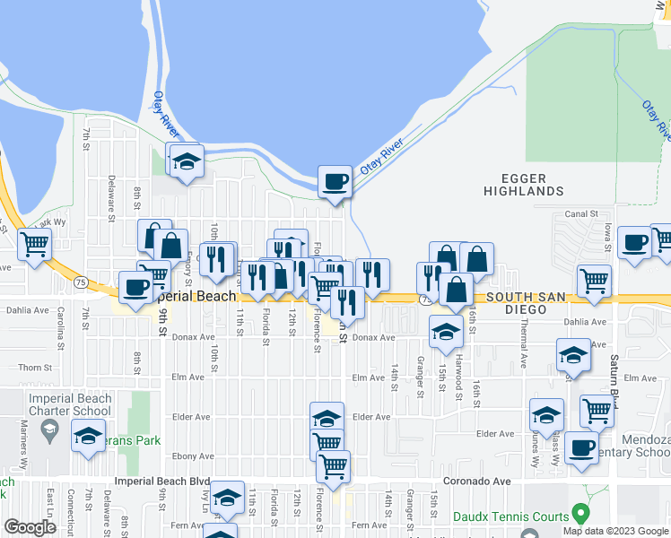 map of restaurants, bars, coffee shops, grocery stores, and more near 622 13th Street in Imperial Beach