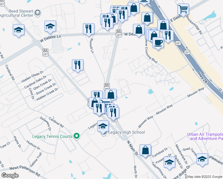 map of restaurants, bars, coffee shops, grocery stores, and more near 1350 Farm to Market Road 157 in Mansfield