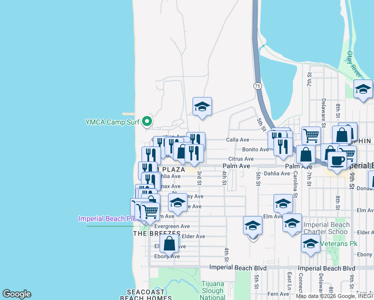 map of restaurants, bars, coffee shops, grocery stores, and more near 644 Silver Strand Boulevard in Imperial Beach