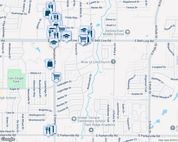 map of restaurants, bars, coffee shops, grocery stores, and more near 321 Valleyglen Drive in DeSoto