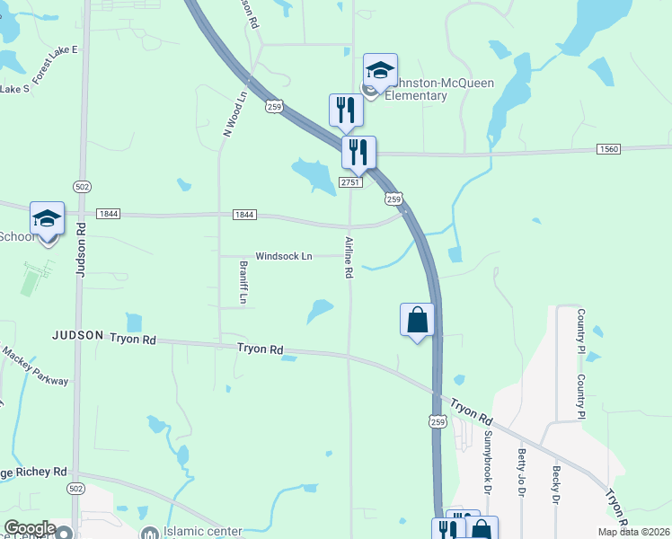 map of restaurants, bars, coffee shops, grocery stores, and more near 5505 Airline Road in Longview