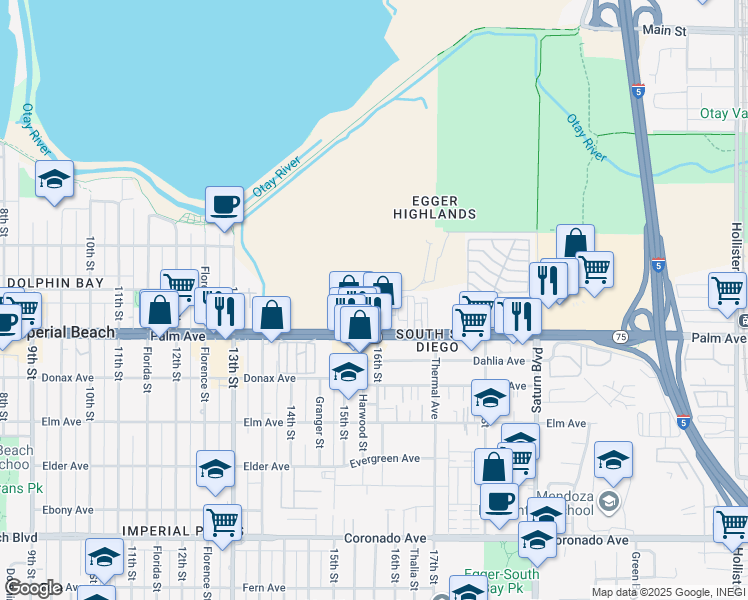 map of restaurants, bars, coffee shops, grocery stores, and more near 1600 Palm Avenue in San Diego
