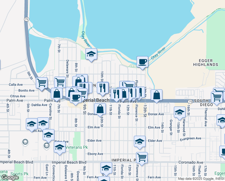 map of restaurants, bars, coffee shops, grocery stores, and more near 656 11th Street in Imperial Beach