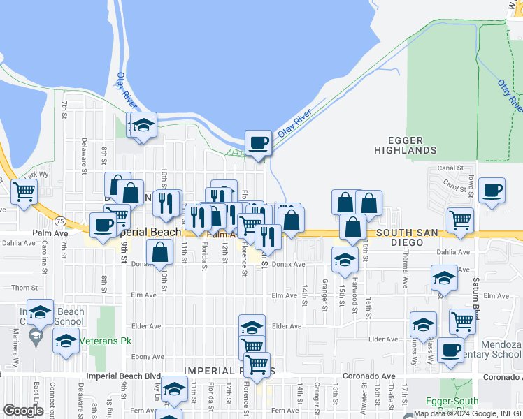 map of restaurants, bars, coffee shops, grocery stores, and more near 620 13th Street in Imperial Beach