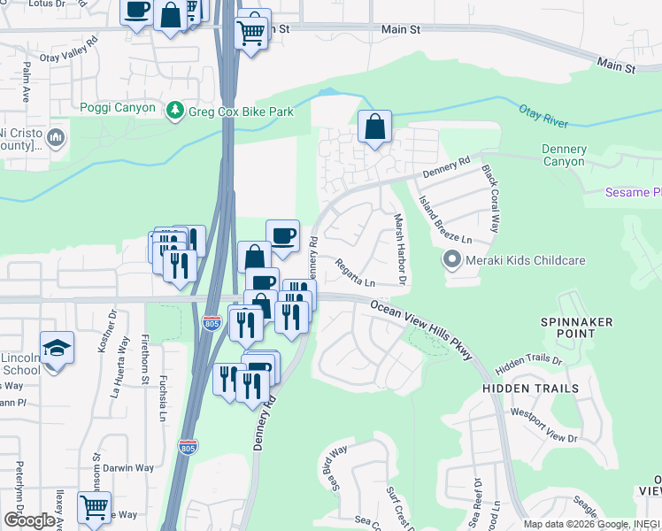 map of restaurants, bars, coffee shops, grocery stores, and more near 563 Offshore Point in San Diego