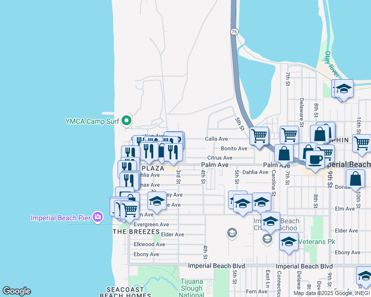 map of restaurants, bars, coffee shops, grocery stores, and more near Bonito Avenue & Alabama Street in Imperial Beach